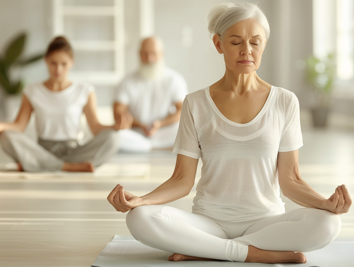 Група людей різного віку займається йогою в світлій студії